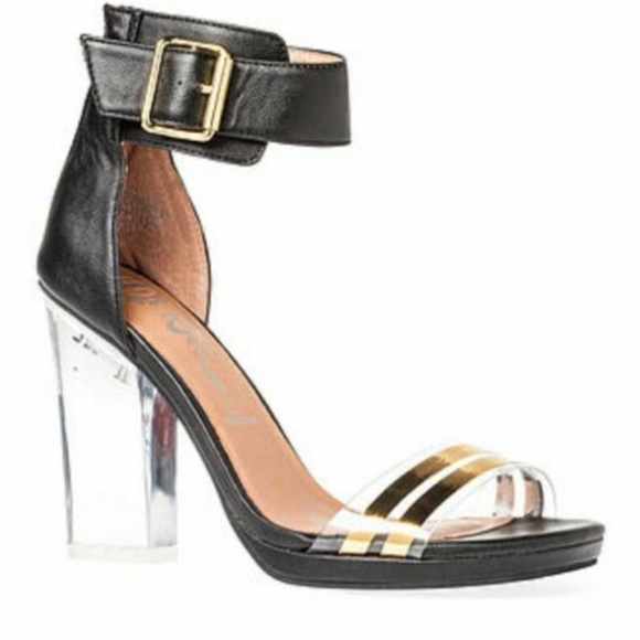 NEW Jeffrey Campbell Leather Clear Block Heel Soiree Black gold 9 READ - Picture 1 of 14